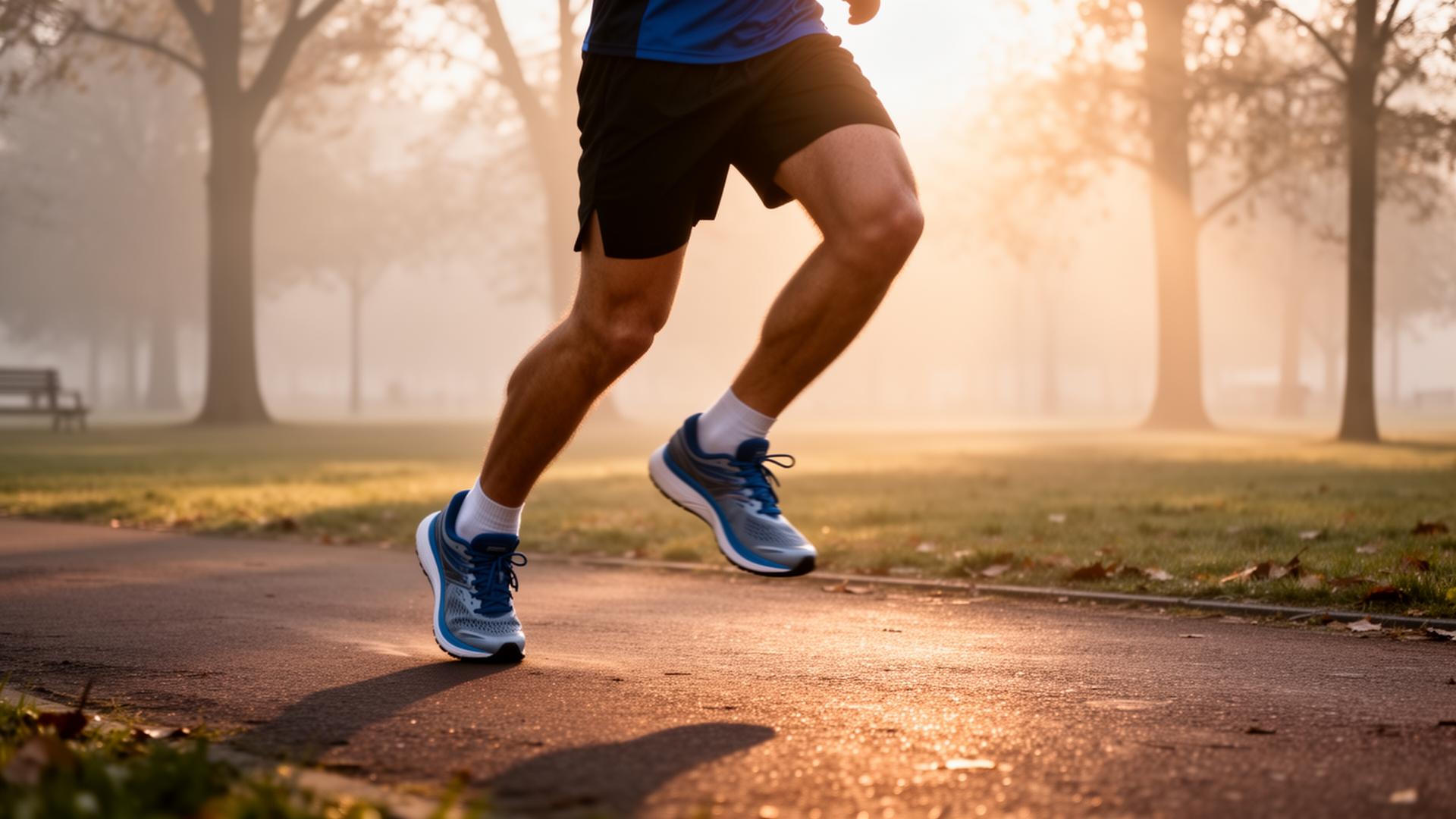 Person running through a misty park at sunrise